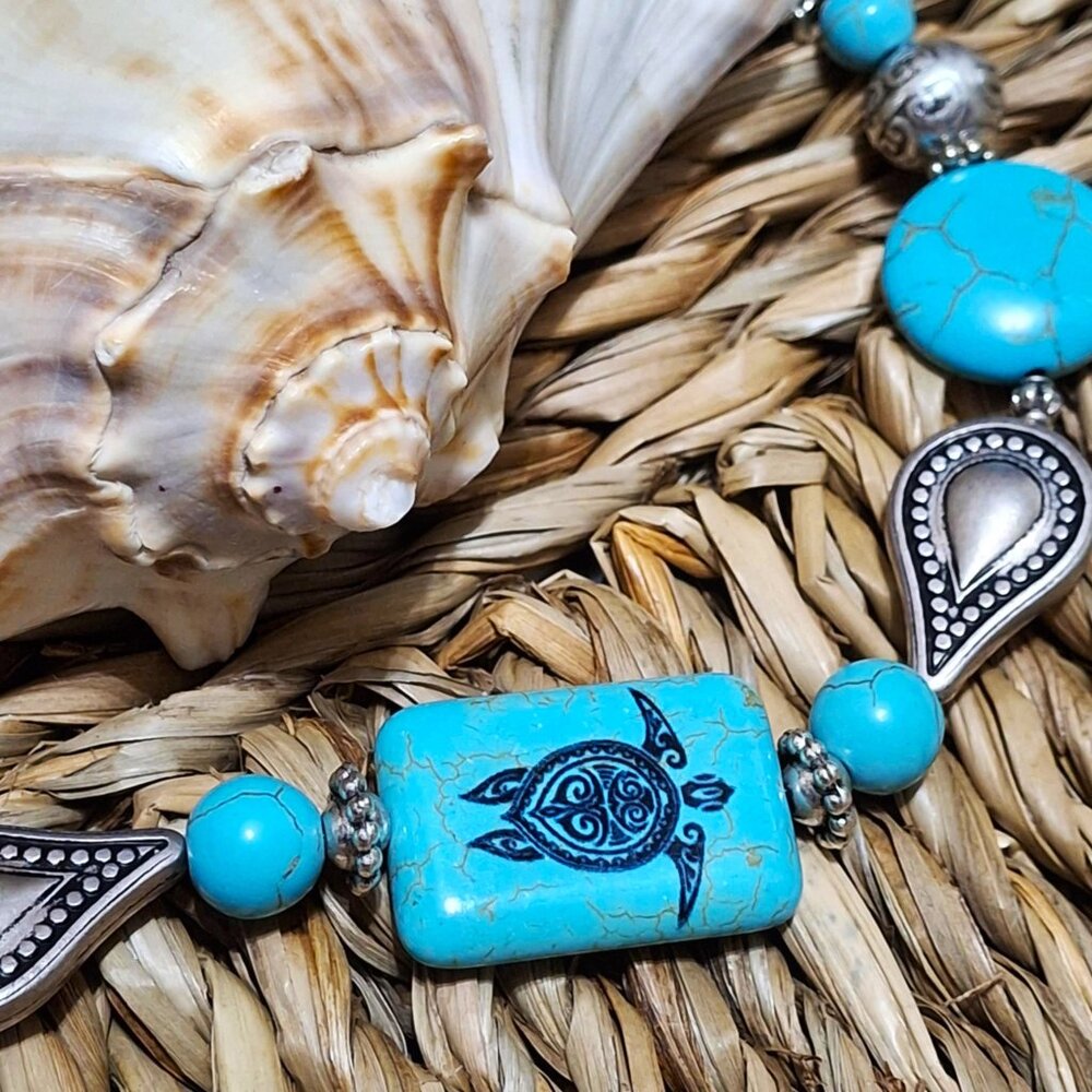 Artisan Hand Crafted Bracelet Turtle Tribal Art Silver Turquoise Beaded OSFM - Picture 6 of 11